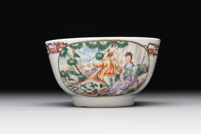 A Chinese famille rose 'Les Plaisirs du Printemps' cup and saucer, Qianlong