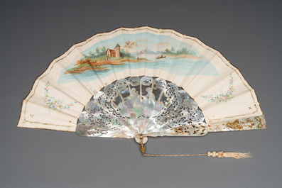 Two folding fans, watercolour on paper and mother-of-pearl, France, 19th C.