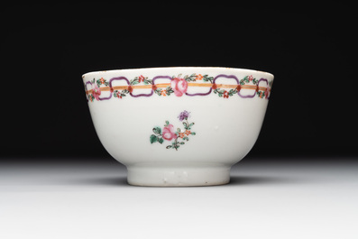 A Chinese famille rose 'Les Plaisirs du Printemps' cup and saucer, Qianlong