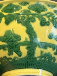 An imperial Chinese green-enamelled yellow-ground 'playing boys' bowl, Yongzheng mark and of the period