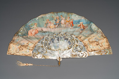 Two folding fans, watercolour on paper and mother-of-pearl, France, 19th C.
