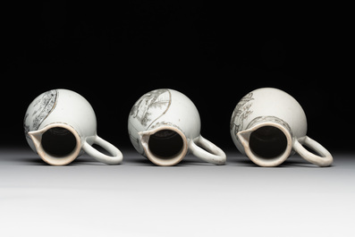 Three various Chinese gilt-decorated grisaille 'European subject' milk jugs, Qianlong