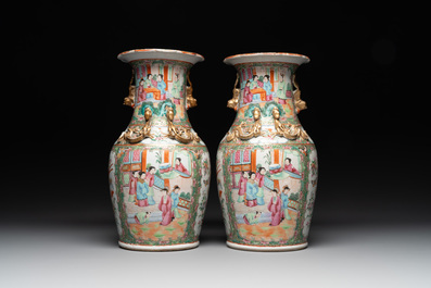 A Chinese famille verte 'mythical animal' vase and two Canton famille rose vases, 19th C.