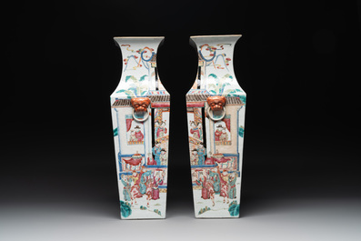 A pair of square Chinese famille rose vases with narrative design, 19th C.