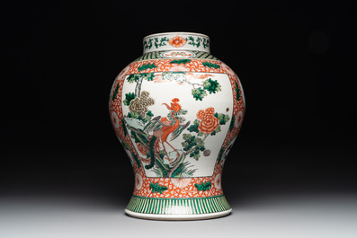A Chinese famille verte 'mythical animal' vase and two Canton famille rose vases, 19th C.