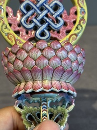 A rare Chinese famille rose Buddhist emblem altar ornament, Qianlong mark and of the period