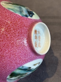 A pair of Chinese puce-sgraffito-ground 'landscape' bowls, Qianlong mark, Republic