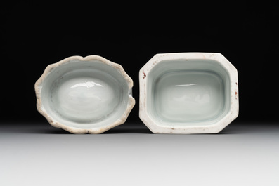 A collection of five Chinese blue and white, famille rose and Imari-style salts, Kangxi/Qianlong