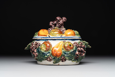 A polychrome Dutch Delft butter tub in the shape of various fruits, 18th C.