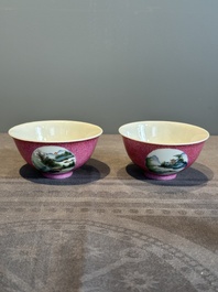 A pair of Chinese puce-sgraffito-ground 'landscape' bowls, Qianlong mark, Republic