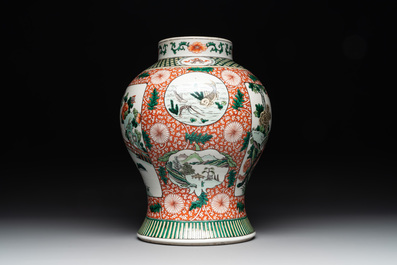 A Chinese famille verte 'mythical animal' vase and two Canton famille rose vases, 19th C.