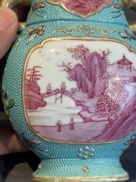 A Chinese famille rose puce-enamelled turquoise-ground 'hu' vase, Republic