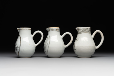 Three various Chinese gilt-decorated grisaille 'European subject' milk jugs, Qianlong