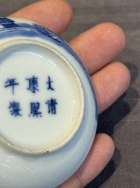 A pair of Chinese blue and white and a pair of blue, white and copper-red seal paste boxes, Kangxi and Qianlong mark, 19th C.