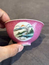 A pair of Chinese puce-sgraffito-ground 'landscape' bowls, Qianlong mark, Republic