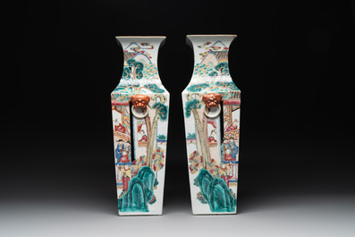 A pair of square Chinese famille rose vases with narrative design, 19th C.