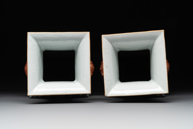 A pair of square Chinese famille rose vases with narrative design, 19th C.