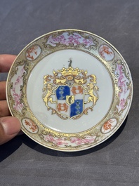 A pair of Chinese famille rose armorial saucers with the arms of Arendsma van Idsinga for the Dutch market, Qianlong