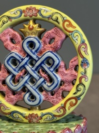 A rare Chinese famille rose Buddhist emblem altar ornament, Qianlong mark and of the period