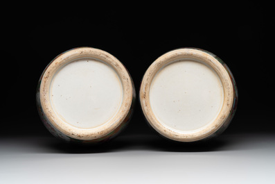 A Chinese famille verte 'mythical animal' vase and two Canton famille rose vases, 19th C.