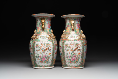 A Chinese famille verte 'mythical animal' vase and two Canton famille rose vases, 19th C.