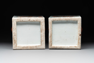A pair of square Chinese famille rose vases with narrative design, 19th C.
