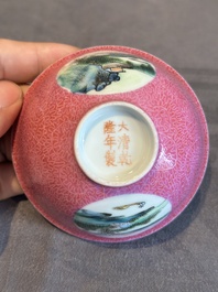 A pair of Chinese puce-sgraffito-ground 'landscape' bowls, Qianlong mark, Republic