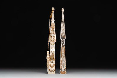 Two folding fans, watercolour on paper and mother-of-pearl, France, 19th C.