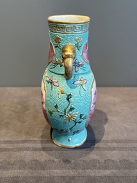 A Chinese famille rose puce-enamelled turquoise-ground 'hu' vase, Republic