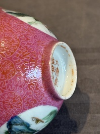 A pair of Chinese puce-sgraffito-ground 'landscape' bowls, Qianlong mark, Republic