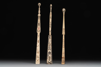 Three folding fans, water colour on paper and bone, France, 18th C.