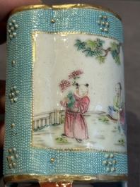 A small Chinese famille rose turquoise-ground brush pot, Qianlong mark, 19th C.