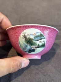 A pair of Chinese puce-sgraffito-ground 'landscape' bowls, Qianlong mark, Republic