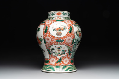 A Chinese famille verte 'mythical animal' vase and two Canton famille rose vases, 19th C.