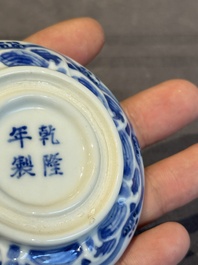A pair of Chinese blue and white and a pair of blue, white and copper-red seal paste boxes, Kangxi and Qianlong mark, 19th C.