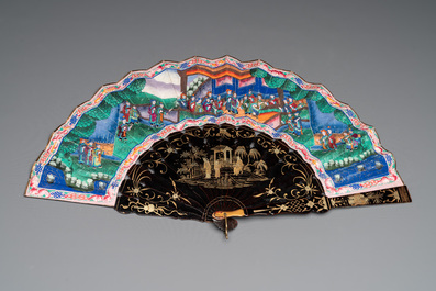 A Chinese Canton gilt-lacquered and painted paper fan and a framed relief painting, 19th C.