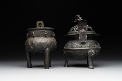 Two Chinese archaistic bronze censers, one with cover, 'ding 鼎', Song/Yuan