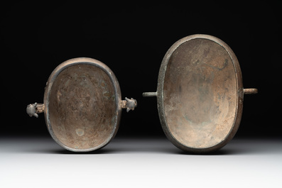 Two archaic bronze ritual wine vessels, 'dui 敦', Warring States Period