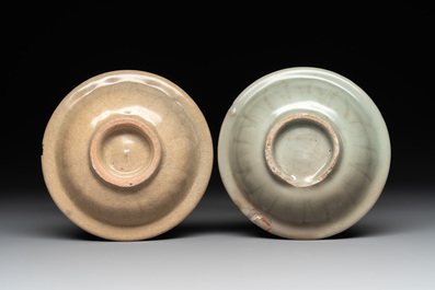 A Chinese Longquan celadon stem cup and two saucers, Ming