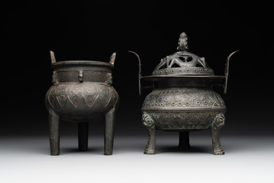 Two Chinese archaistic bronze censers, one with cover, 'ding 鼎', Song/Yuan
