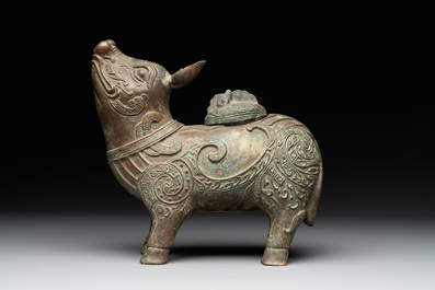 A rare Chinese inscribed bronze tapir-form vessel and cover, 'xizun 犧尊', late Ming/early Qing