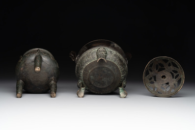 Two Chinese archaistic bronze censers, one with cover, 'ding 鼎', Song/Yuan