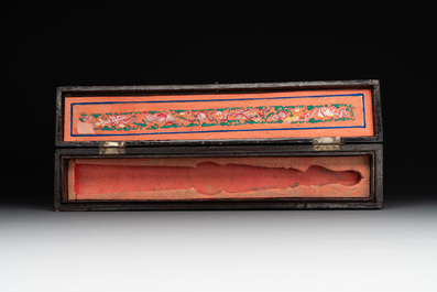 A Chinese Canton gilt-lacquered and painted paper fan and a framed relief painting, 19th C.