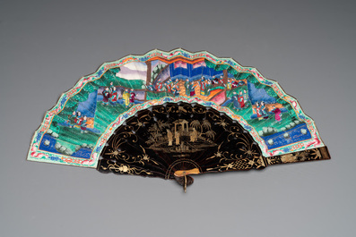A Chinese Canton gilt-lacquered and painted paper fan and a framed relief painting, 19th C.