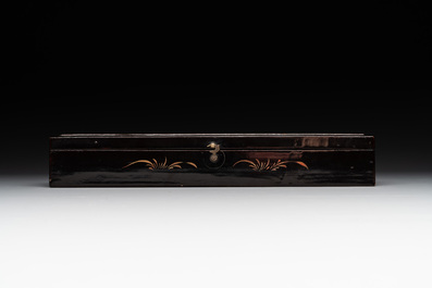 A Chinese Canton gilt-lacquered and painted paper fan and a framed relief painting, 19th C.