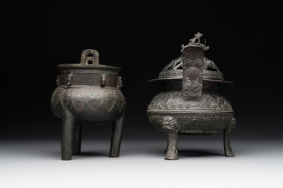 Two Chinese archaistic bronze censers, one with cover, 'ding 鼎', Song/Yuan