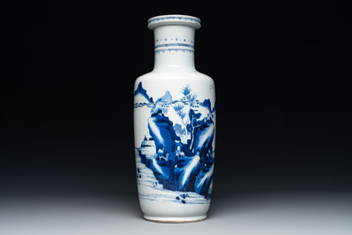 A Chinese blue and white rouleau vase with fishermen in a landscape, Kangxi