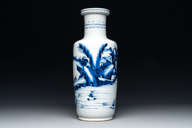 A Chinese blue and white rouleau vase with fishermen in a landscape, Kangxi