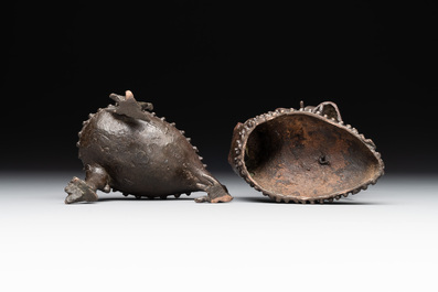 A rare Chinese bronze incense burner and cover in the shape of Liu Hai and a three legged toad, Ming