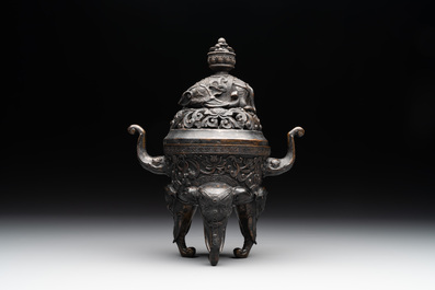 A Chinese bronze 'elephant' censer and cover, Qianlong mark, 18/19th C.